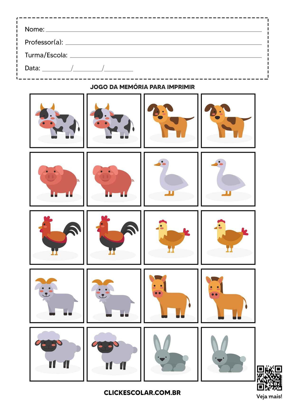 Jogo de memória de animais para imprimir e colorir