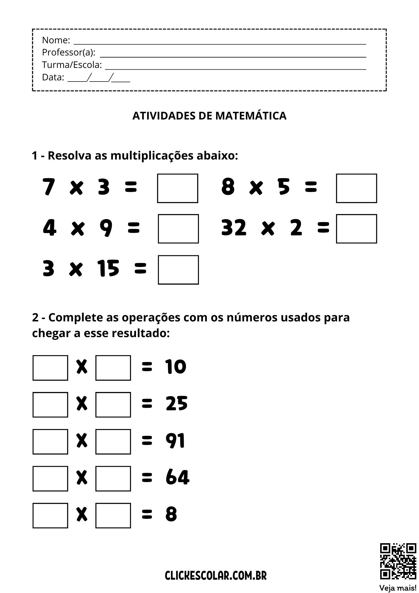 Atividades de português e matemática 3º ano